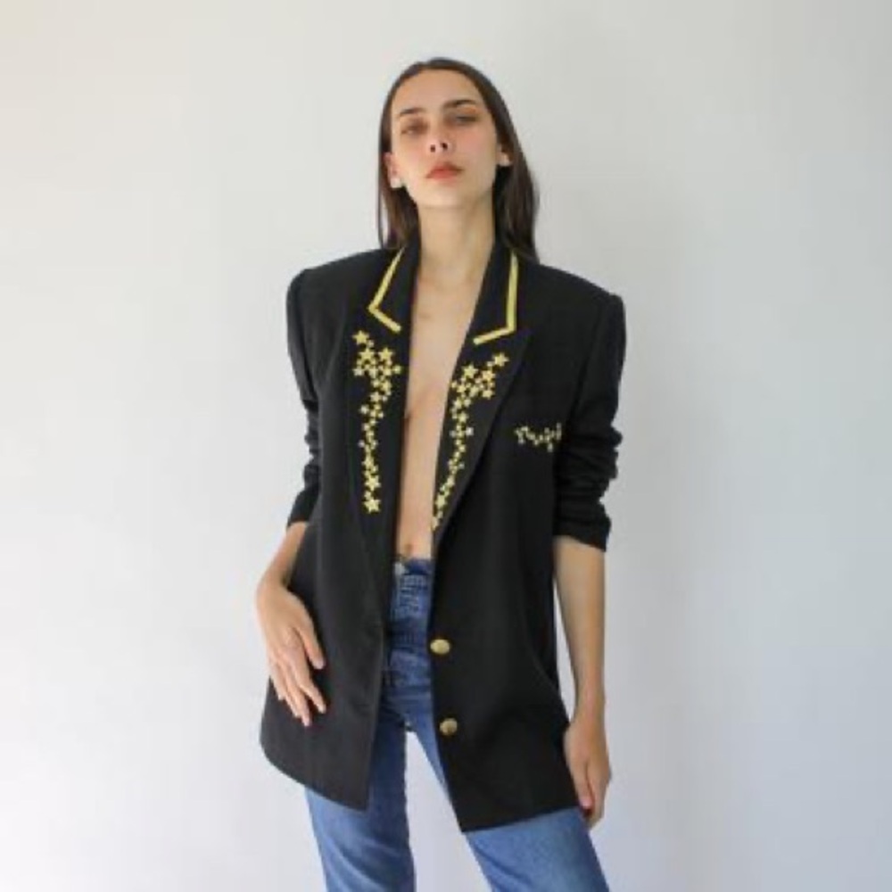 VERSAILLES Versace-Style Vintage Blazer with Gold Star Embroidery, Women’s Large